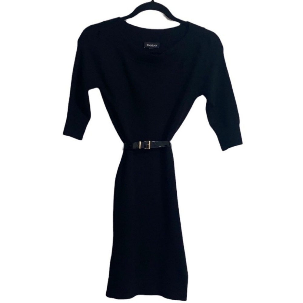 Bebe Black Short Sleeve Belted Knit Sweater Dress Women Size S